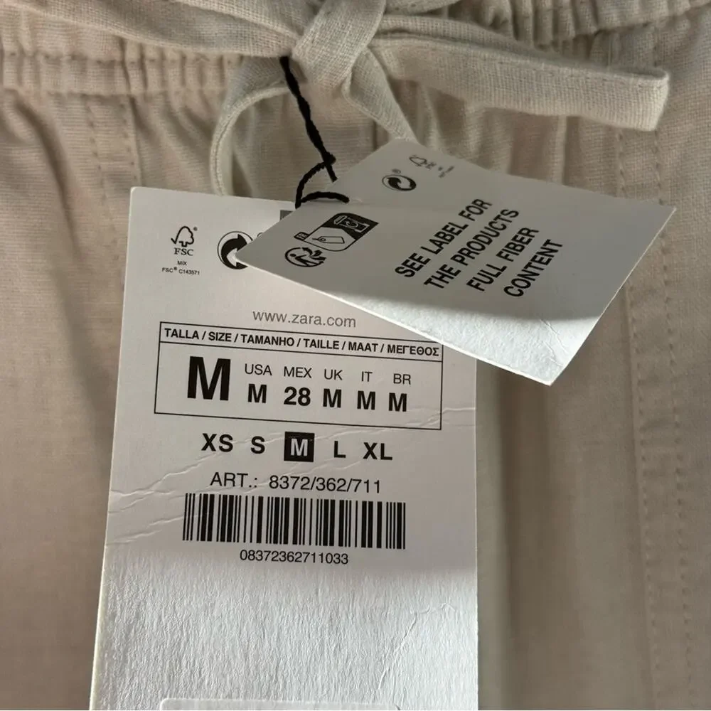 Zara Beige Oatmeal Linen Blend Tapered Leg High Rise Pants 25” Women’s Medium